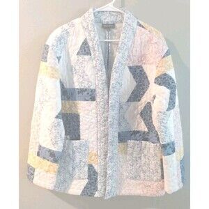 Style & Co Blue Pastel Floral Coastal Quilt Jacket Coat Pockets Vtg-Inspired M